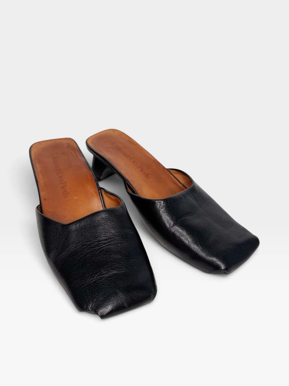 L'Amour Des Pieds Winoc Black Leather Square Toe Block Heel Mules SZ 6.5